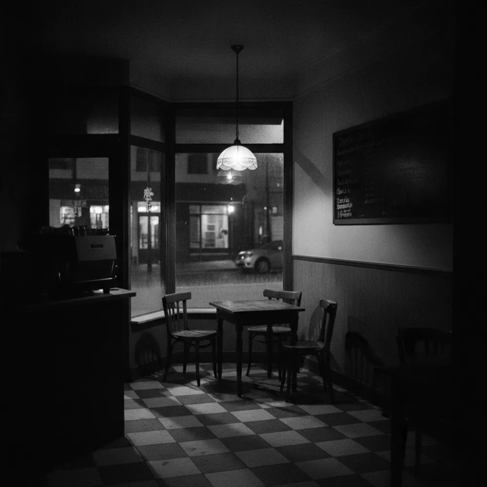 The Last Seen Coffee corner shop at night, quiet and dimly lit